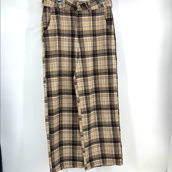 MISS LOVE  WIDE Plaid Tan and Black Pants - Picture 1 of 5